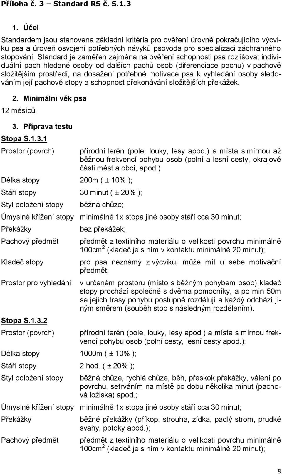 Standard je zaměřen zejména na ověření schopnosti psa rozlišovat individuální pach hledané osoby od dalších pachů osob (diferenciace pachu) v pachově složitějším prostředí, na dosažení potřebné