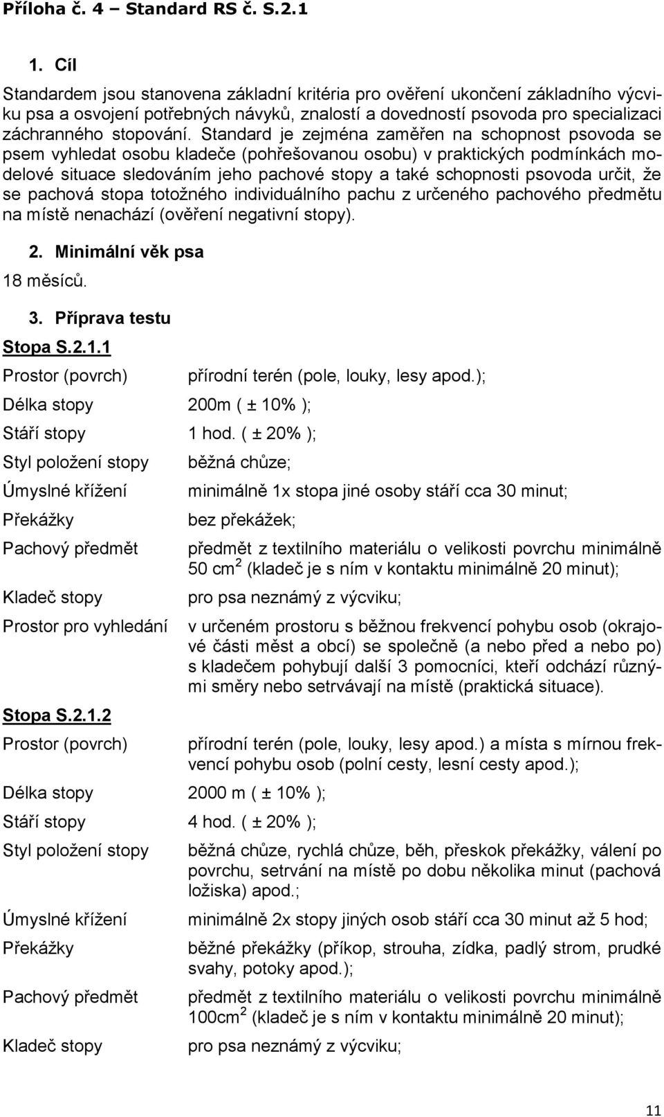 Standard je zejména zaměřen na schopnost psovoda se psem vyhledat osobu kladeče (pohřešovanou osobu) v praktických podmínkách modelové situace sledováním jeho pachové stopy a také schopnosti psovoda