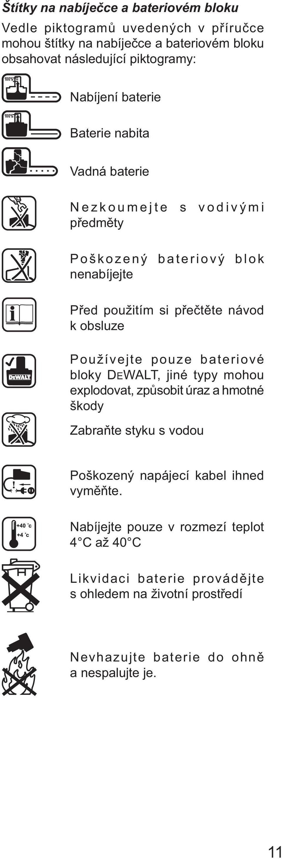 Používejte pouze bateriové bloky DEWALT, jiné typy mohou explodovat, způsobit úraz a hmotné škody Zabraňte styku s vodou Poškozený napájecí kabel ihned