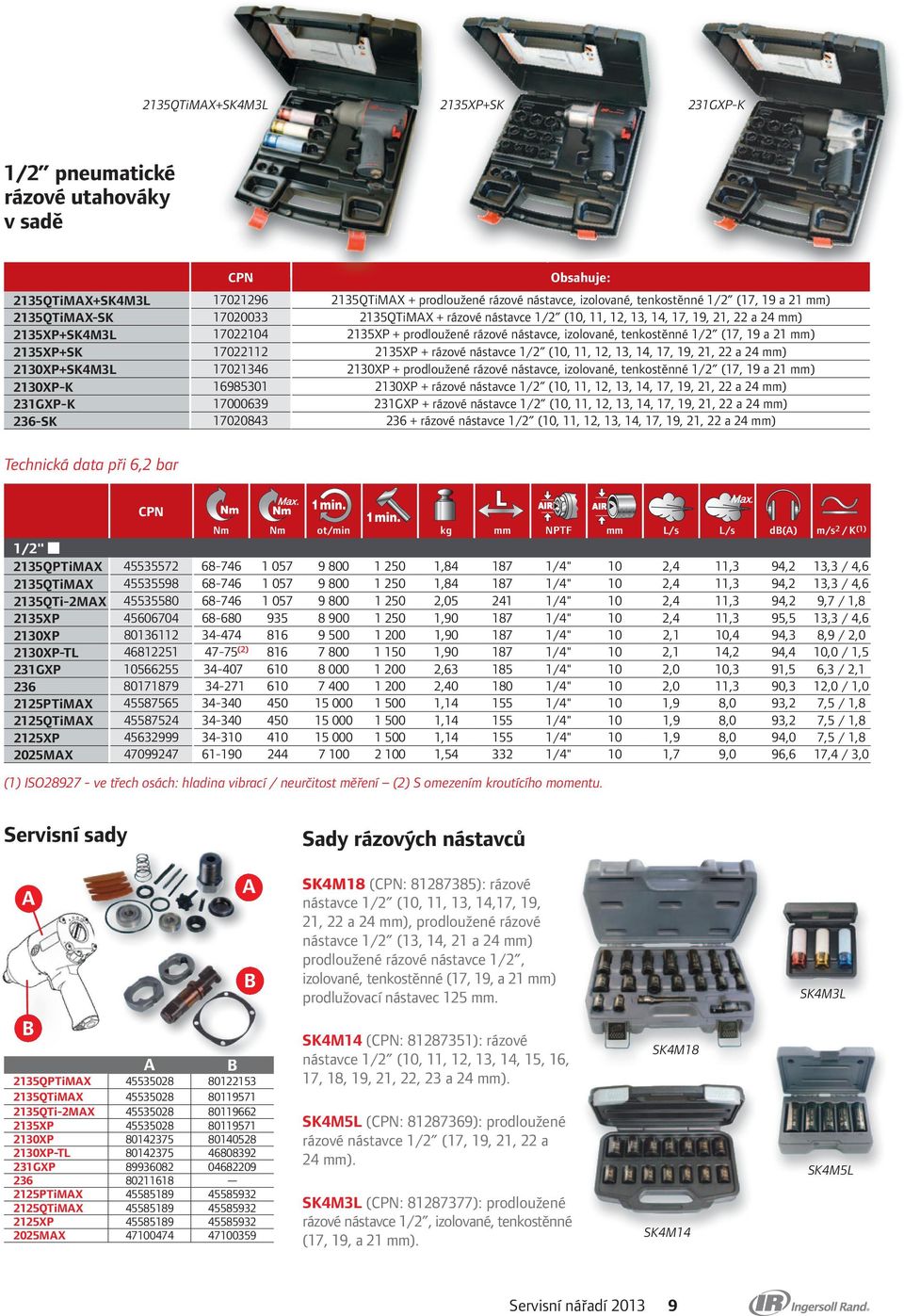 2135XP+SK 17022112 2135XP + rázové nástavce 1/2 (10, 11, 12, 13, 14, 17, 19, 21, 22 a 24 ) 2130XP+SK4M3L 17021346 2130XP + prodloužené rázové nástavce, izolované, tenkostěnné 1/2 (17, 19 a 21 )