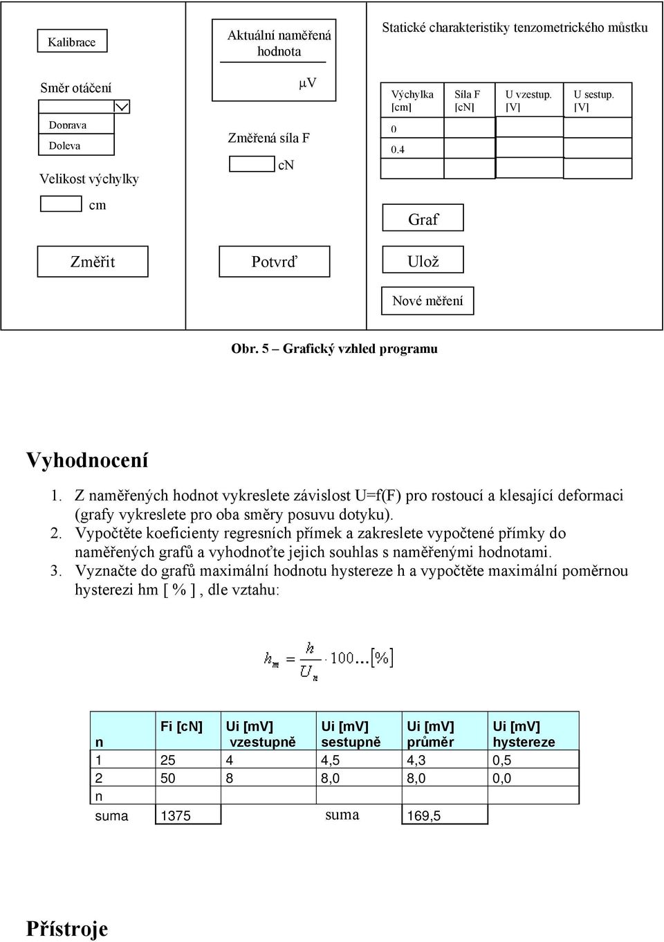 Z naměřených hodnot vykreslete závislost U=f(F) pro rostoucí a klesající deformaci (grafy vykreslete pro oba směry posuvu dotyku). 2.