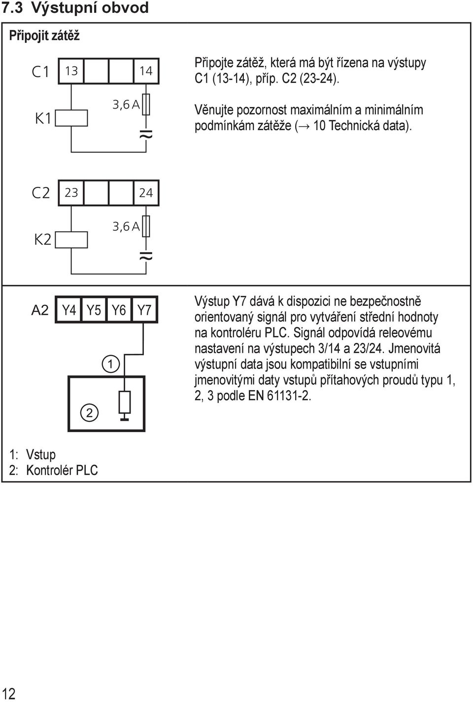 C2 K2 23 24 3,6 A A2 Y4 Y5 Y6 Y7 Výstup Y7 dává k dispozici ne bezpečnostně orientovaný signál pro vytváření střední hodnoty na kontroléru