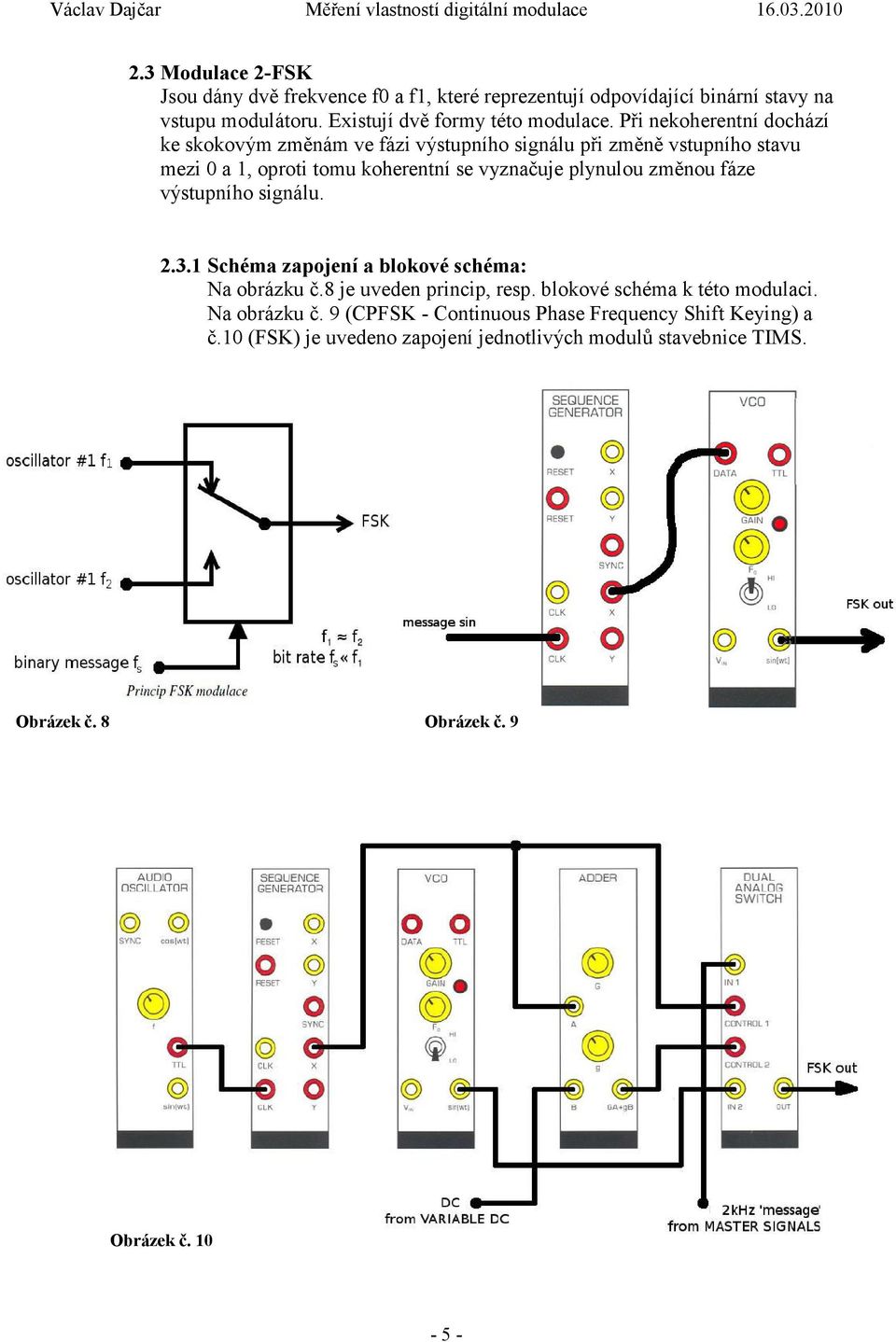 změnou fáze výstupního signálu. 2.3.1 Schéma zapojení a blokové schéma: Na obrázku č.8 je uveden princip, resp. blokové schéma k této modulaci. Na obrázku č. 9 (CPFSK - Continuous Phase Frequency Shift Keying) a č.