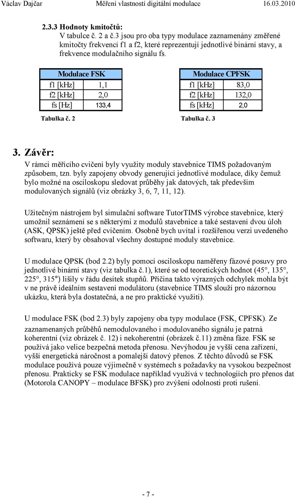 Závěr: V rámci měřícího cvičení byly využity moduly stavebnice TIMS požadovaným způsobem, tzn.