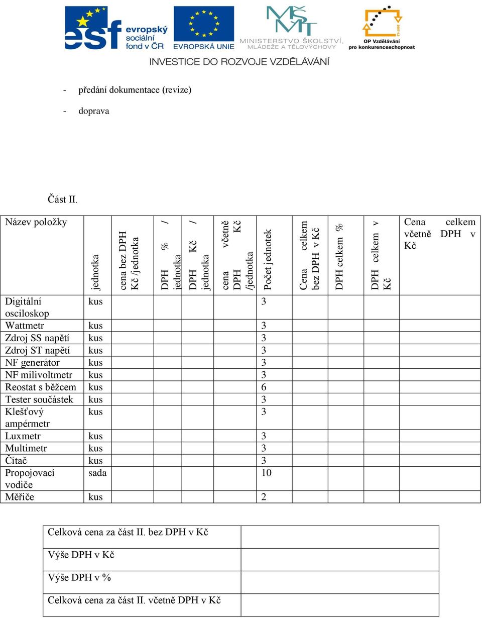 celkem % DPH celkem v Kč Cena celkem včetně DPH v Kč Digitální kus 3 osciloskop Wattmetr kus 3 Zdroj SS napětí kus 3 Zdroj ST napětí kus 3 NF generátor kus 3 NF