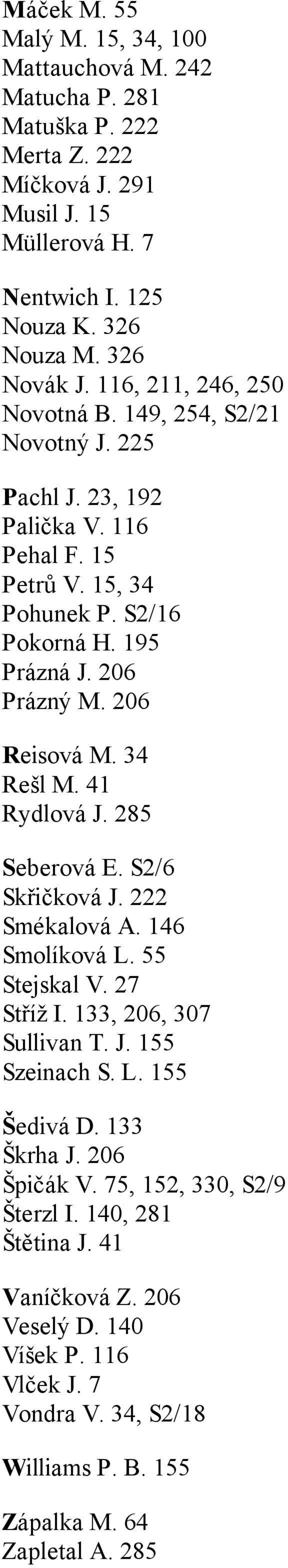 34 Rešl M. 41 Rydlová J. 285 Seberová E. S2/6 Skřičková J. 222 Smékalová A. 146 Smolíková L. 55 Stejskal V. 27 Stříž I. 133, 206, 307 Sullivan T. J. 155 Szeinach S. L. 155 Šedivá D.