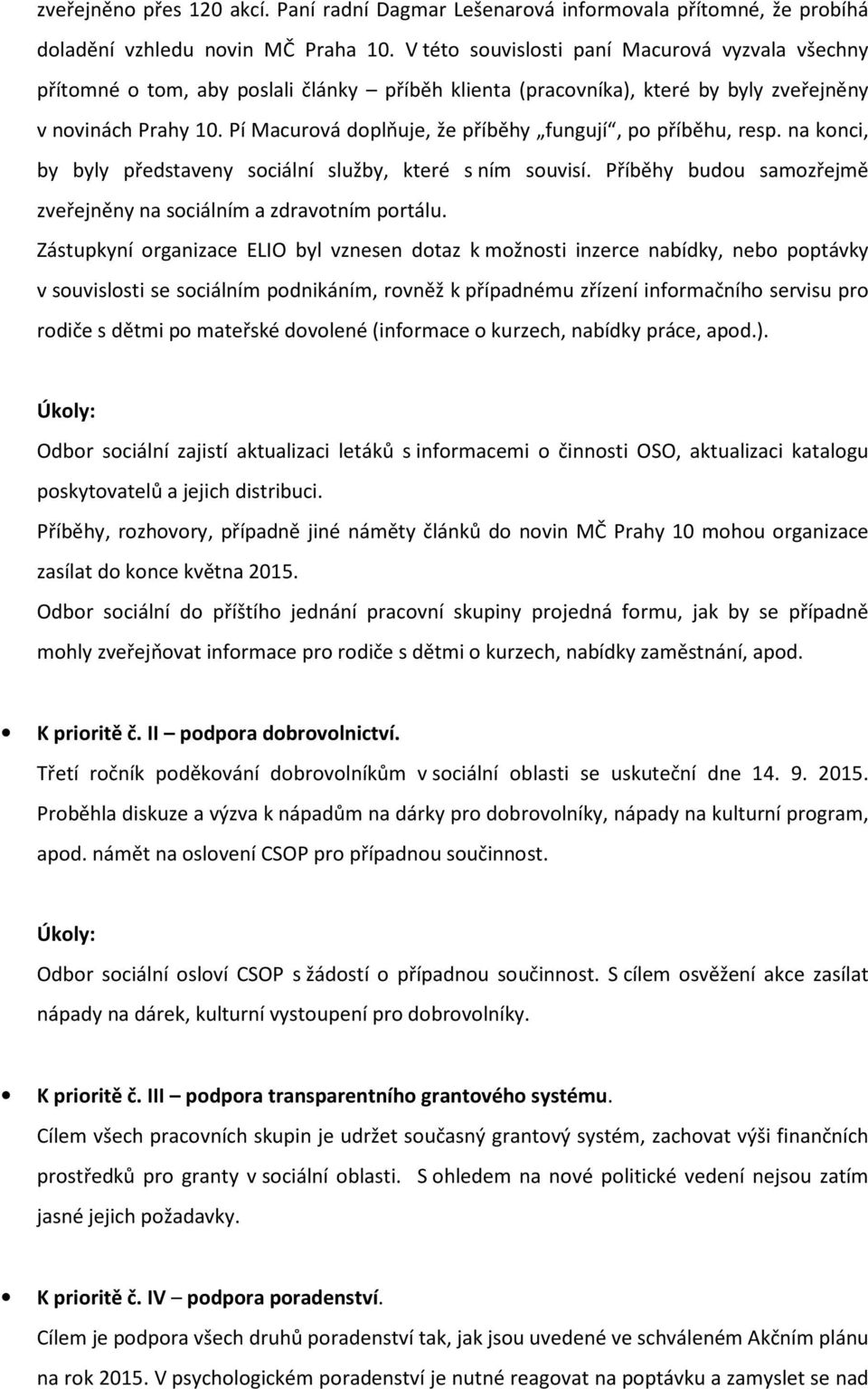 Pí Macurová doplňuje, že příběhy fungují, po příběhu, resp. na konci, by byly představeny sociální služby, které s ním souvisí. Příběhy budou samozřejmě zveřejněny na sociálním a zdravotním portálu.