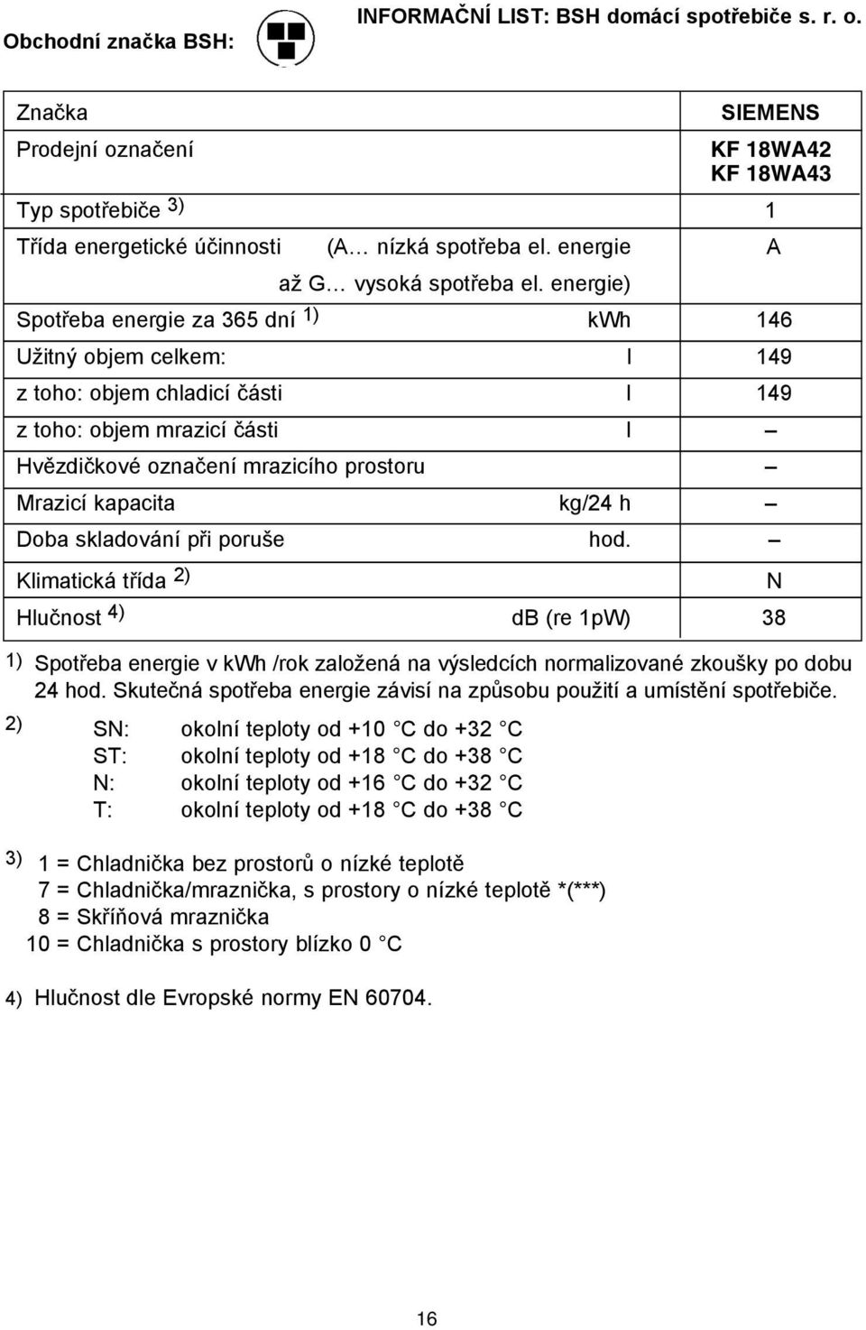 energie) Spotřeba energie za 365 dní 1) kwh 146 Užitný objem celkem: l 149 z toho: objem chladicí části l 149 z toho: objem mrazicí části l Hvězdičkové označení mrazicího prostoru Mrazicí kapacita