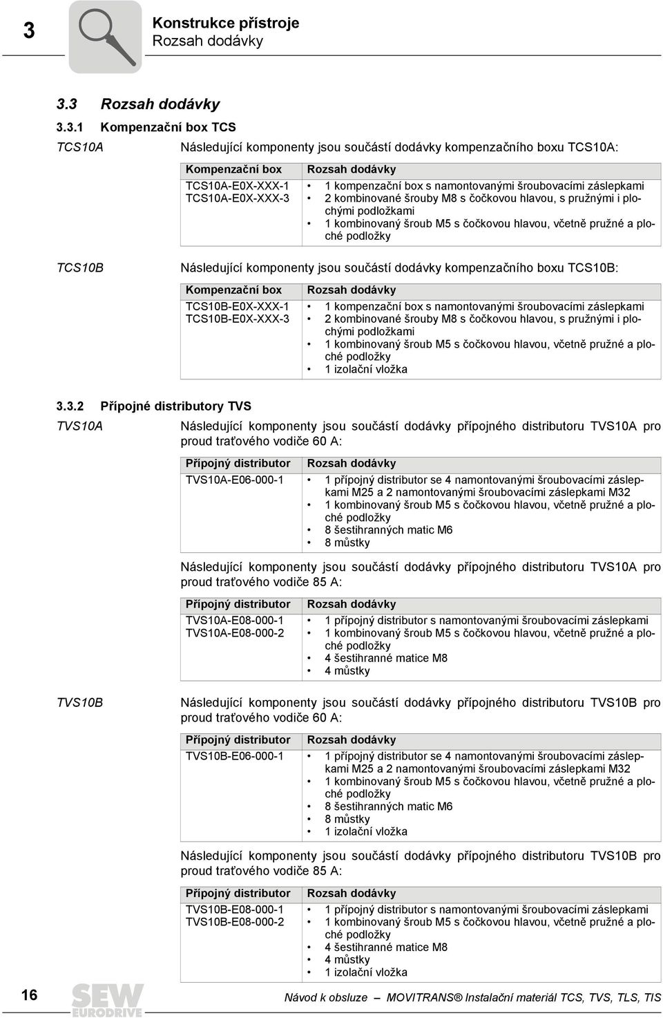 hlavou, včetně pružné a ploché podložky TCS10B Následující komponenty jsou součástí dodávky kompenzačního boxu TCS10B: Kompenzační box TCS10B-E0X-XXX-1 TCS10B-E0X-XXX-3 Rozsah dodávky 1 kompenzační