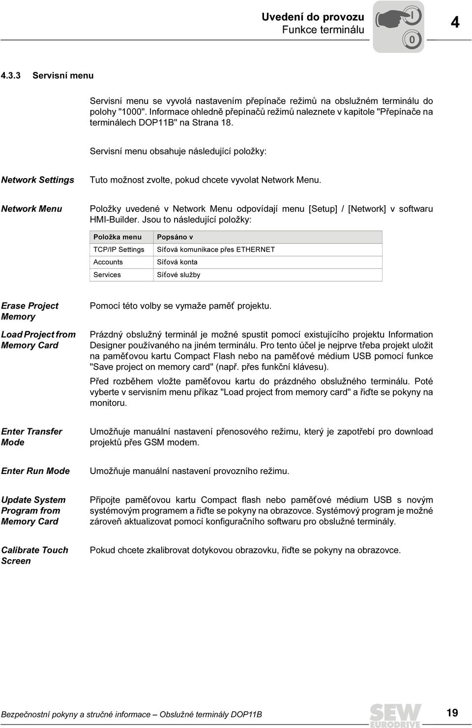 Servisní menu obsahuje následující položky: Network Settings Tuto možnost zvolte, pokud chcete vyvolat Network Menu.