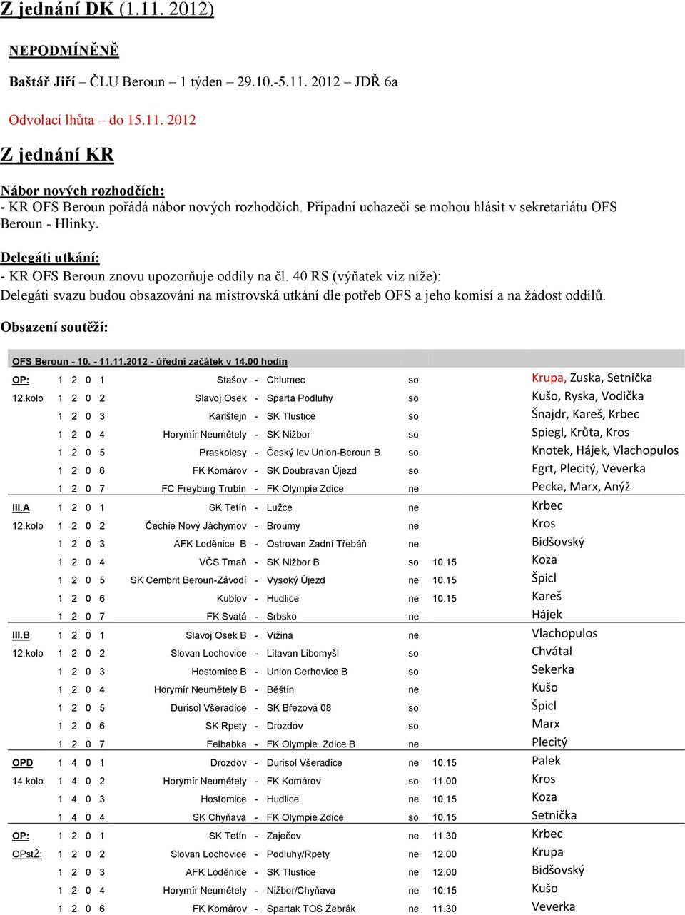 40 RS (výňatek viz níže): Delegáti svazu budou obsazováni na mistrovská utkání dle potřeb OFS a jeho komisí a na žádost oddílů. Obsazení soutěží: OFS Beroun - 10. - 11.11.2012 - úřední začátek v 14.