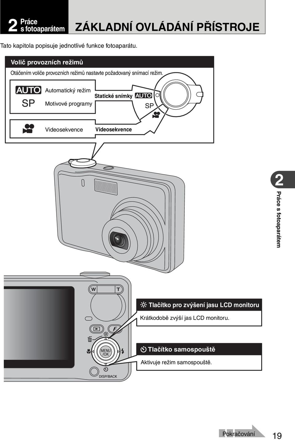 Automatický režim Statické snímky Motivové programy Videosekvence Videosekvence Práce s fotoaparátem