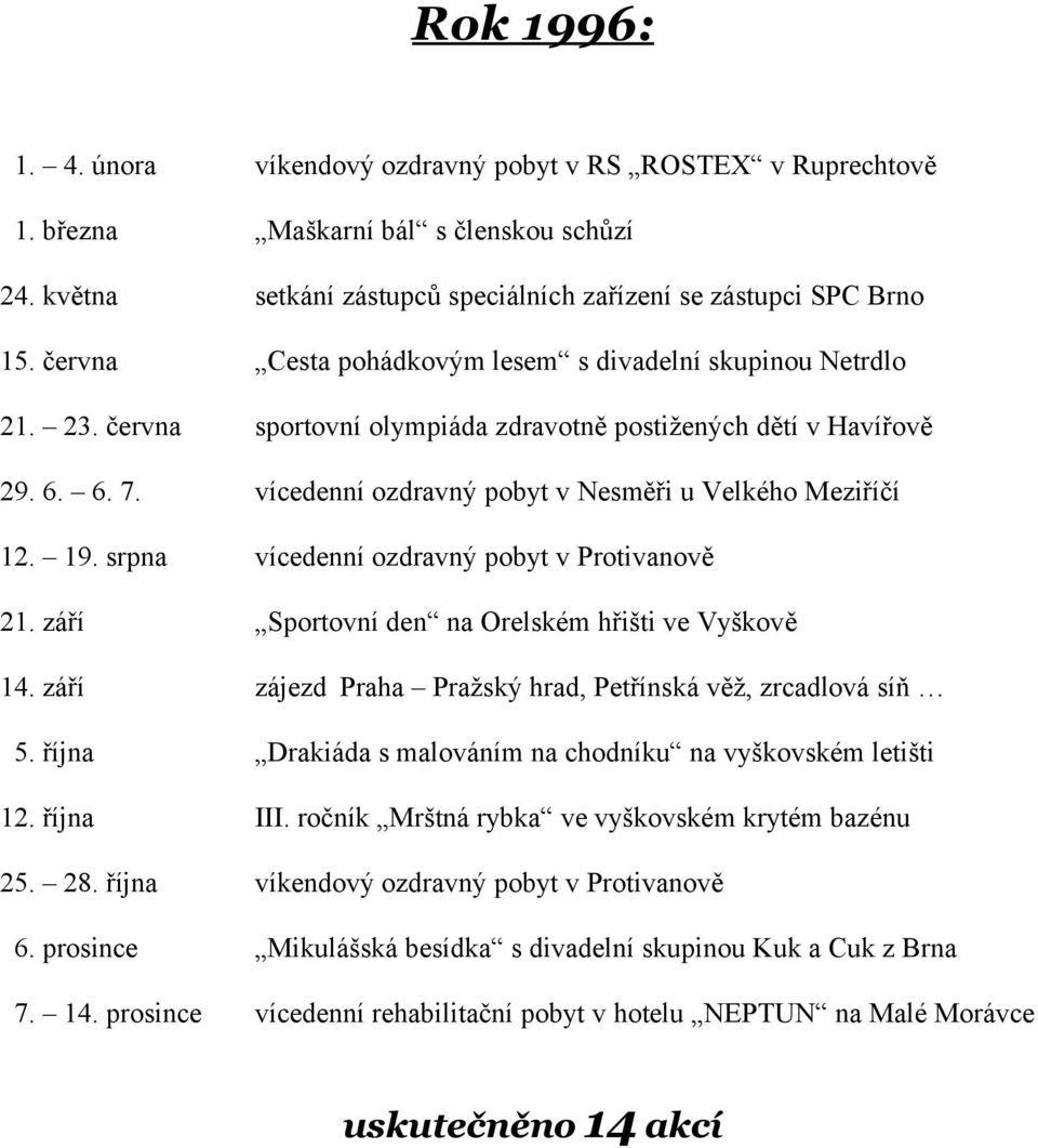 vícedenní ozdravný pobyt v Nesměři u Velkého Meziříčí 12. 19. srpna vícedenní ozdravný pobyt v Protivanově 21. září Sportovní den na Orelském hřišti ve Vyškově 14.