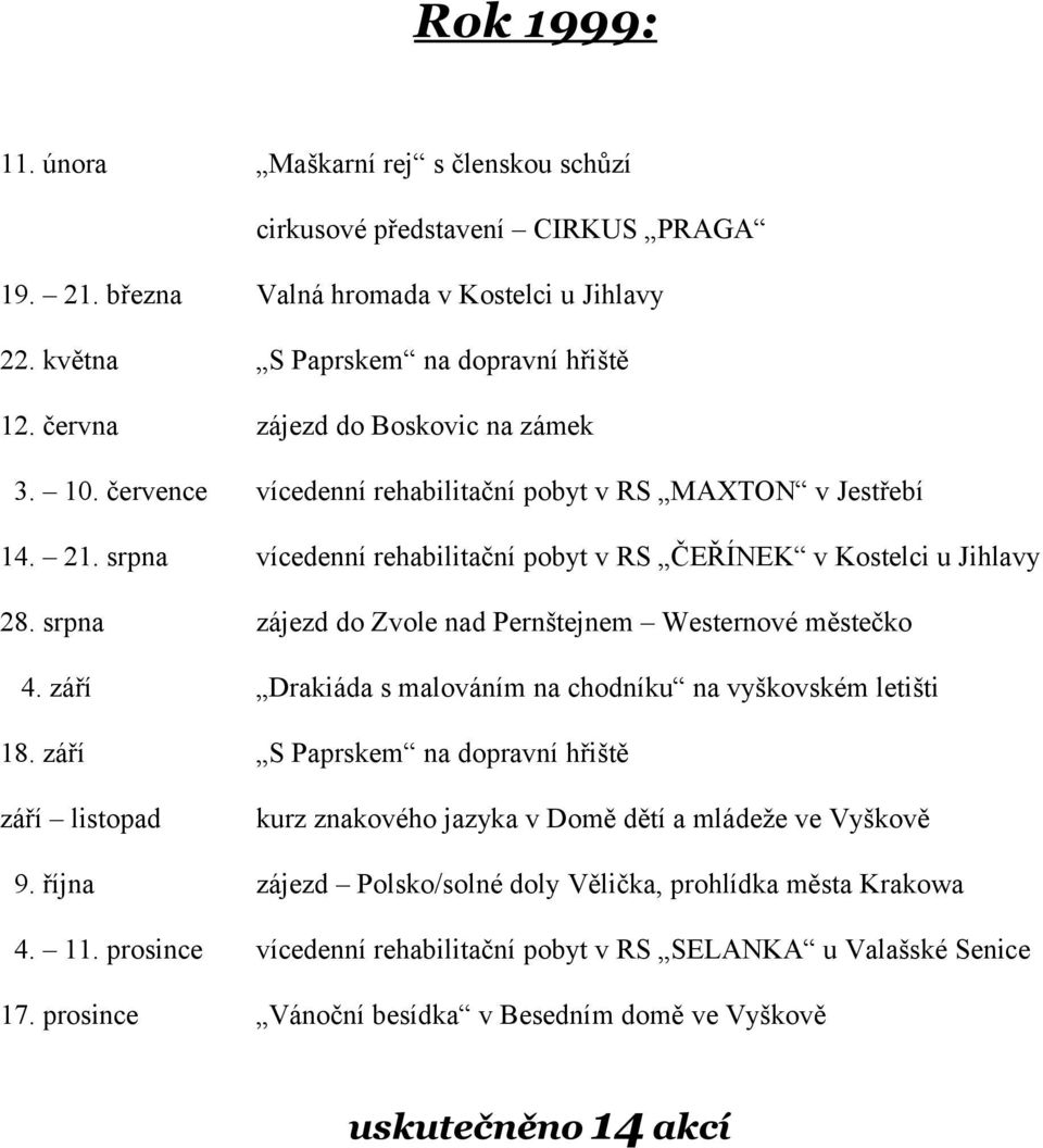 srpna zájezd do Zvole nad Pernštejnem Westernové městečko 4. září Drakiáda s malováním na chodníku na vyškovském letišti 18.