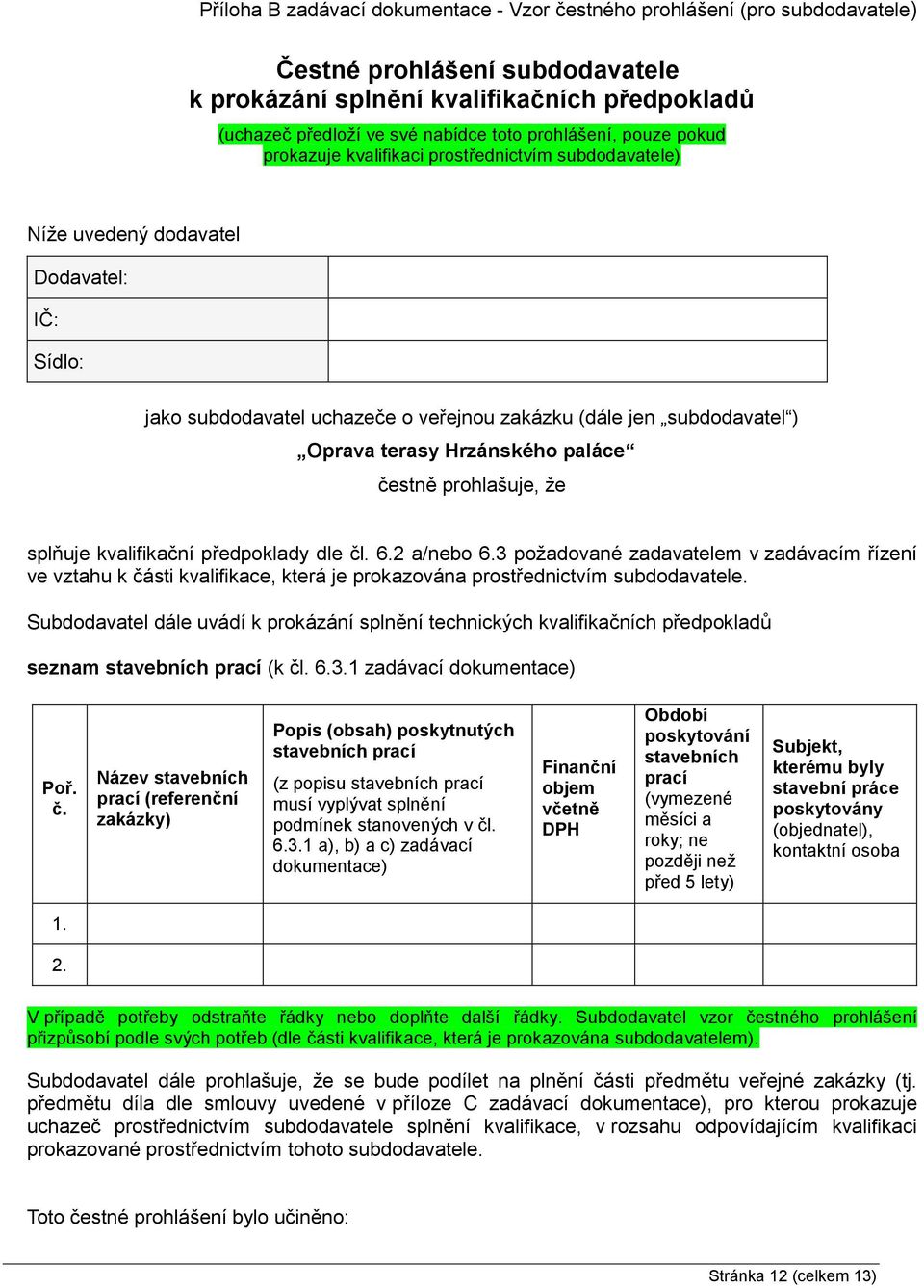 terasy Hrzánského paláce čestně prohlašuje, že splňuje kvalifikační předpoklady dle čl. 6.2 a/nebo 6.