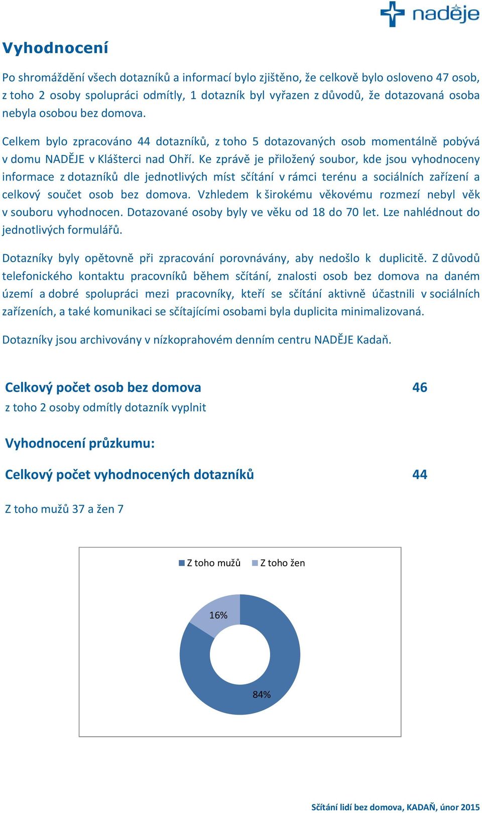 Ke zprávě je přiložený soubor, kde jsou vyhodnoceny informace z dotazníků dle jednotlivých míst sčítání v rámci terénu a sociálních zařízení a celkový součet osob bez domova.