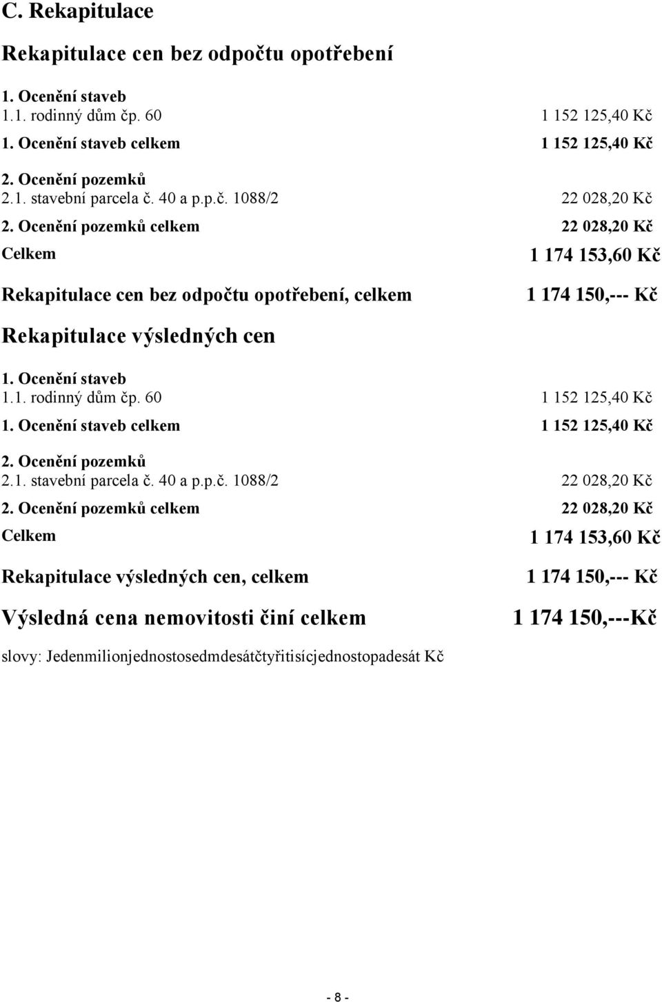 Ocenění staveb 1.1. rodinný dům čp. 60 1 152 125,40 Kč 1. Ocenění staveb celkem 1 152 125,40 Kč 2. Ocenění pozemků 2.1. stavební parcela č. 40 a p.p.č. 1088/2 22 028,20 Kč 2.