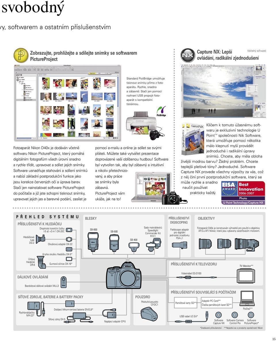 Fotoaparát Nikon D40x je dodáván včetně softwaru Nikon PictureProject, který pomáhá digitálním fotografům všech úrovní snadno a rychle třídit, upravovat a sdílet jejich snímky.