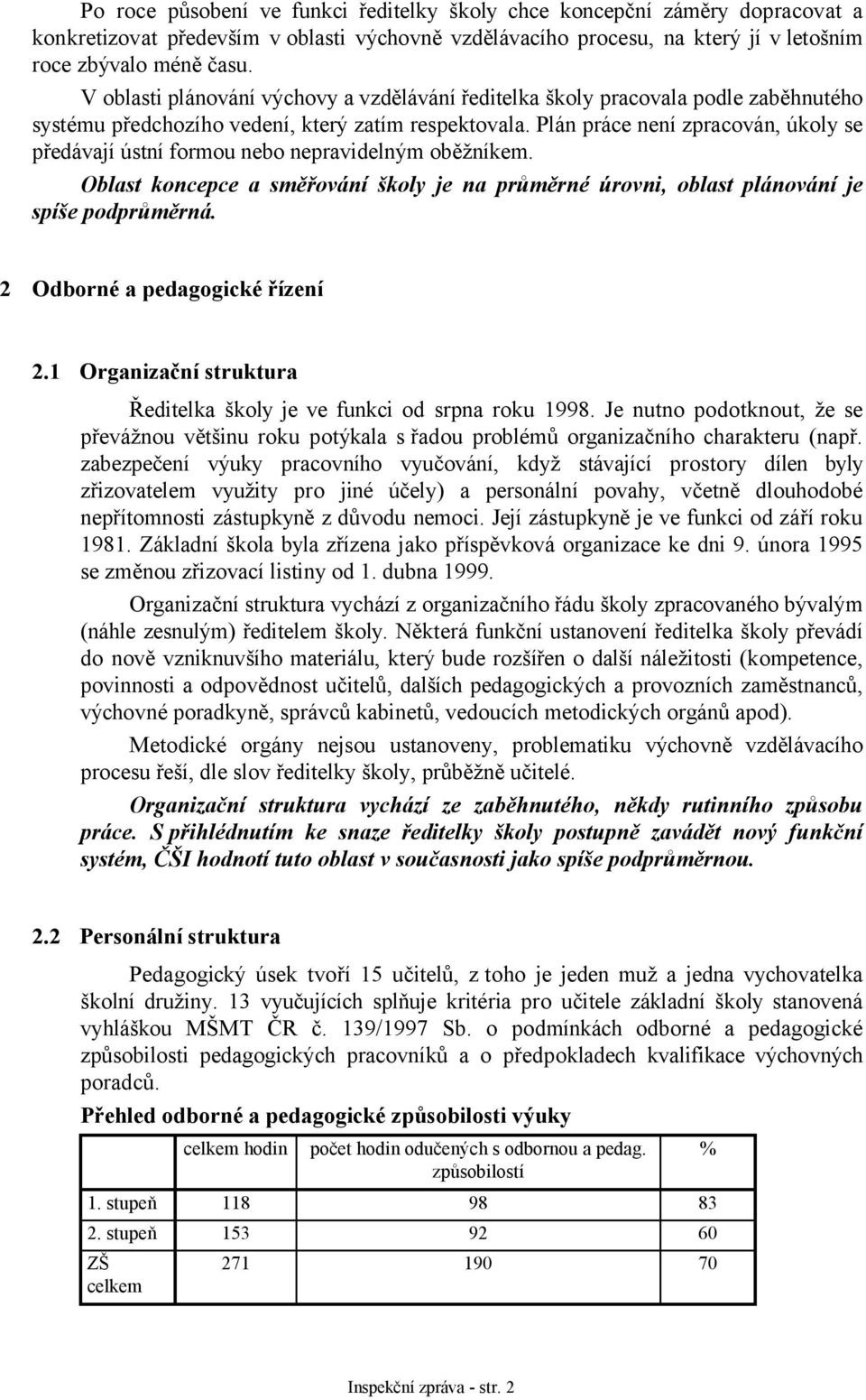 Plán práce není zpracován, úkoly se předávají ústní formou nebo nepravidelným oběžníkem. Oblast koncepce a směřování školy je na průměrné úrovni, oblast plánování je spíše podprůměrná.