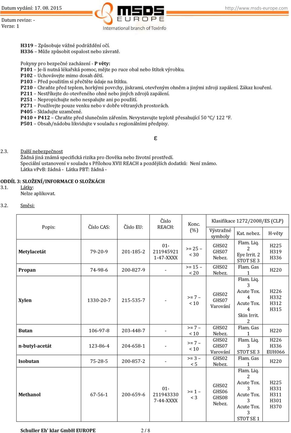 P211 Nestříkejte do otevřeného ohně nebo jiných zdrojů zapálení. P251 Nepropichujte nebo nespalujte ani po použití. P271 Používejte pouze venku nebo v dobře větraných prostorách.