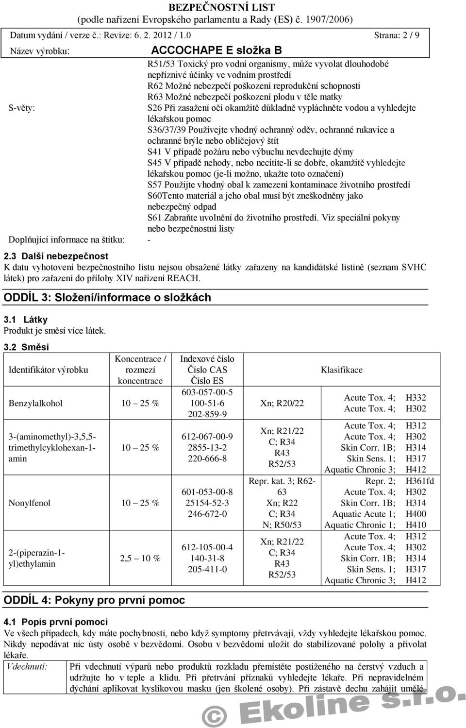 schopnosti R63 Moţné nebezpečí poškození plodu v těle matky S26 Při zasaţení očí okamţitě důkladně vypláchněte vodou a vyhledejte lékařskou pomoc S36/37/39 Pouţívejte vhodný ochranný oděv, ochranné