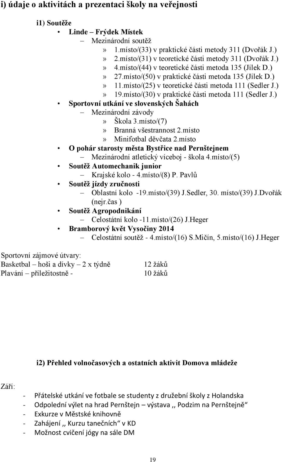 místo/(25) v teoretické části metoda 111 (Sedler J.)» 19.místo/(30) v praktické části metoda 111 (Sedler J.) Sportovní utkání ve slovenských Šahách Mezinárodní závody» Škola 3.