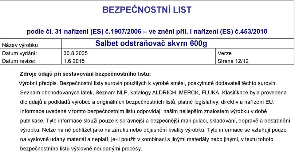 Klasifikace byla provedena dle údajů a podkladů výrobce a originálních bezpečnostních listů, platné legislativy, direktiv a nařízení EU.