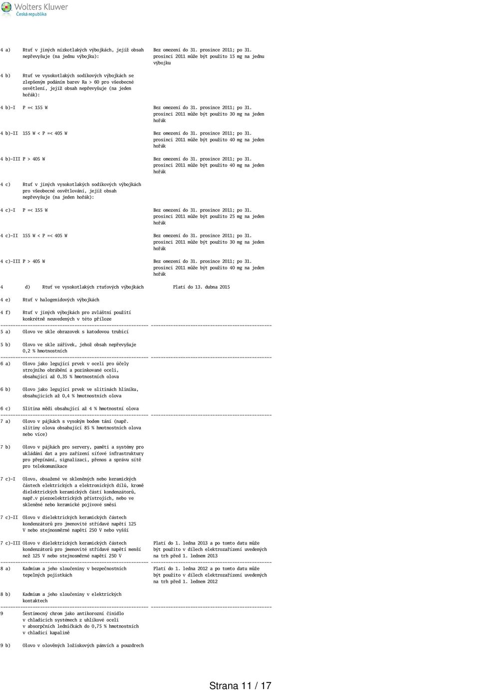 obsah nepřevyuje (na jeden hořák): 4 b)-i P =< 155 W Bez omezení do 31. prosince 2011; po 31. prosinci 2011 může být použito 30 mg na jeden hořák 4 b)-ii 155 W < P =< 405 W Bez omezení do 31.