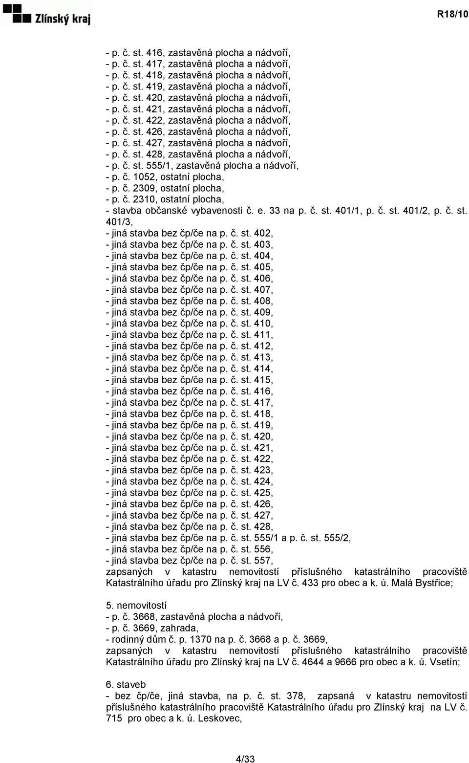 č. st. 555/1, zastavěná plocha a nádvoří, - p. č. 1052, ostatní plocha, - p. č. 2309, ostatní plocha, - p. č. 2310, ostatní plocha, - stavba občanské vybavenosti č. e. 33 na p. č. st. 401/1, p. č. st. 401/2, p.