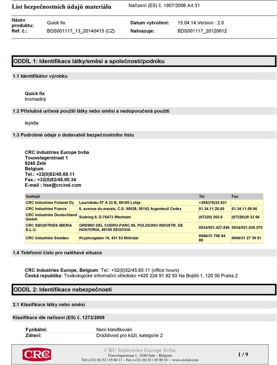 com Vedlejší Tel Fax CRC Industries Finland Oy Laurinkatu 57 A 23 B, 08100 Lohja +358/(19)32.921 CRC Industries France 6, avenue du marais, C.S. 90028, 95102 Argenteuil Cedex 01.34.11.20.00 01.34.11.09.