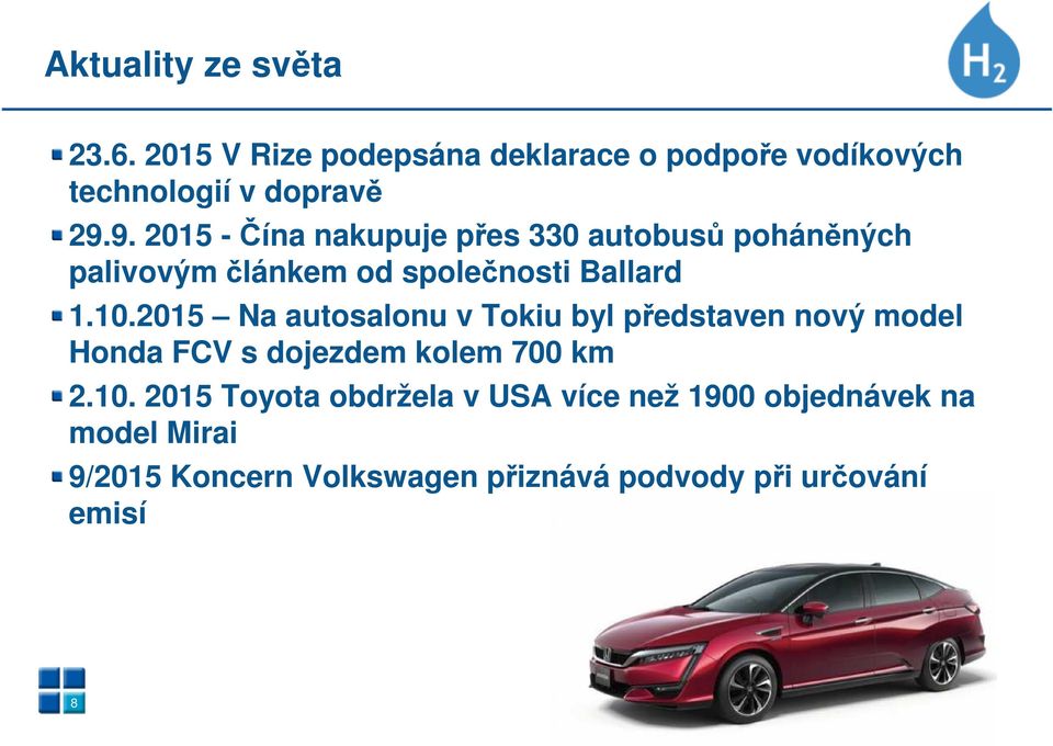 2015 Na autosalonu v Tokiu byl představen nový model Honda FCV s dojezdem kolem 700 km 2.10.