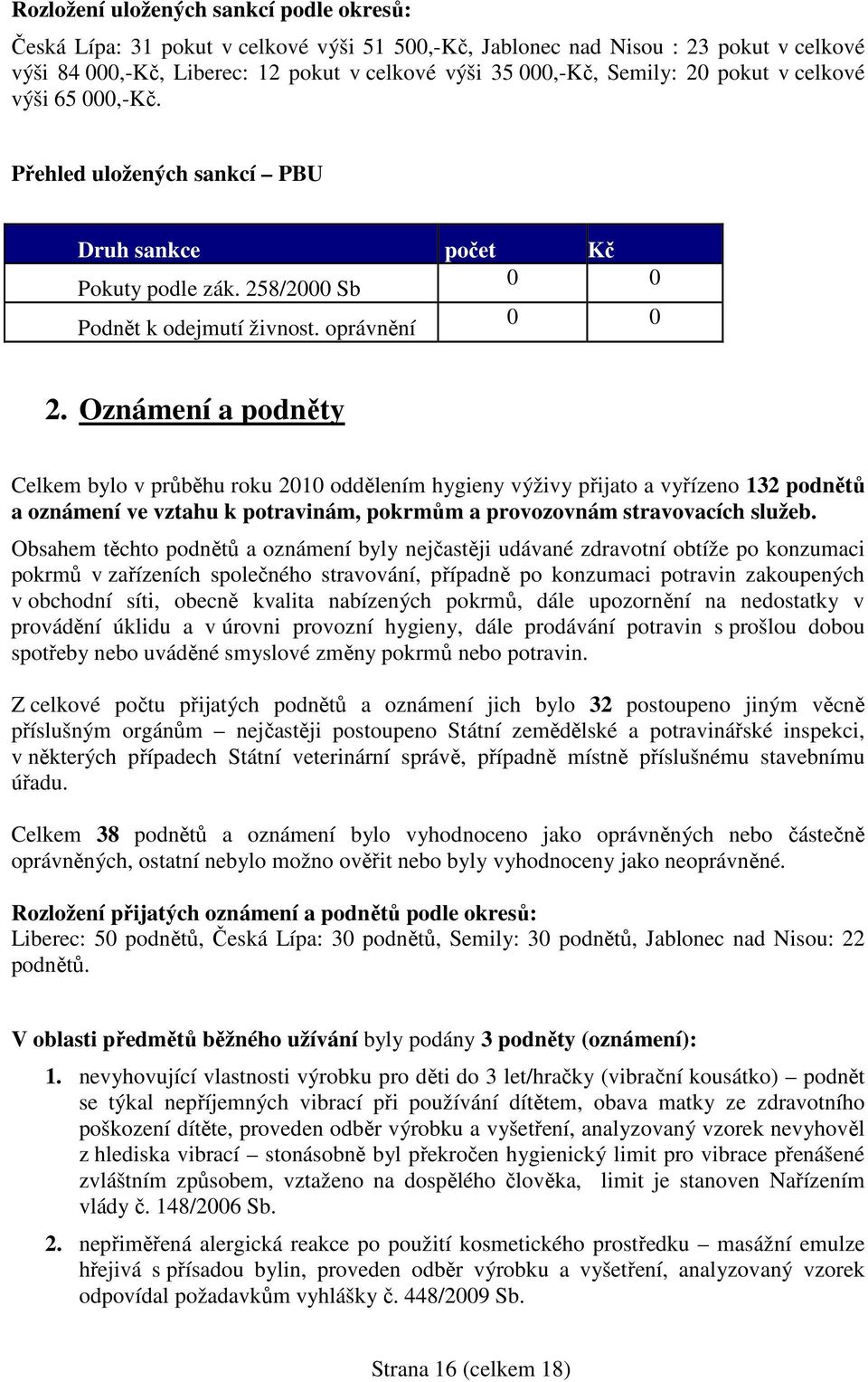 Oznámení a podněty Celkem bylo v průběhu roku 2010 oddělením hygieny výživy přijato a vyřízeno 132 podnětů a oznámení ve vztahu k potravinám, pokrmům a provozovnám stravovacích služeb.