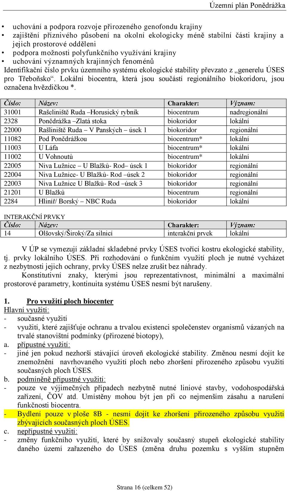 Lokální biocentra, která jsou součástí regionálního biokoridoru, jsou označena hvězdičkou *.