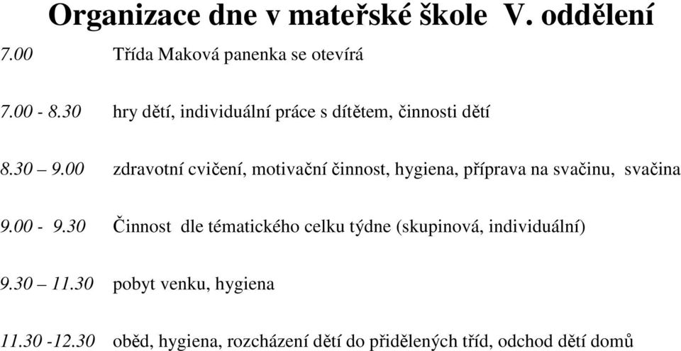 00 zdravtní cvičení, mtivační činnst, hygiena, příprava na svačinu, svačina 9.00-9.