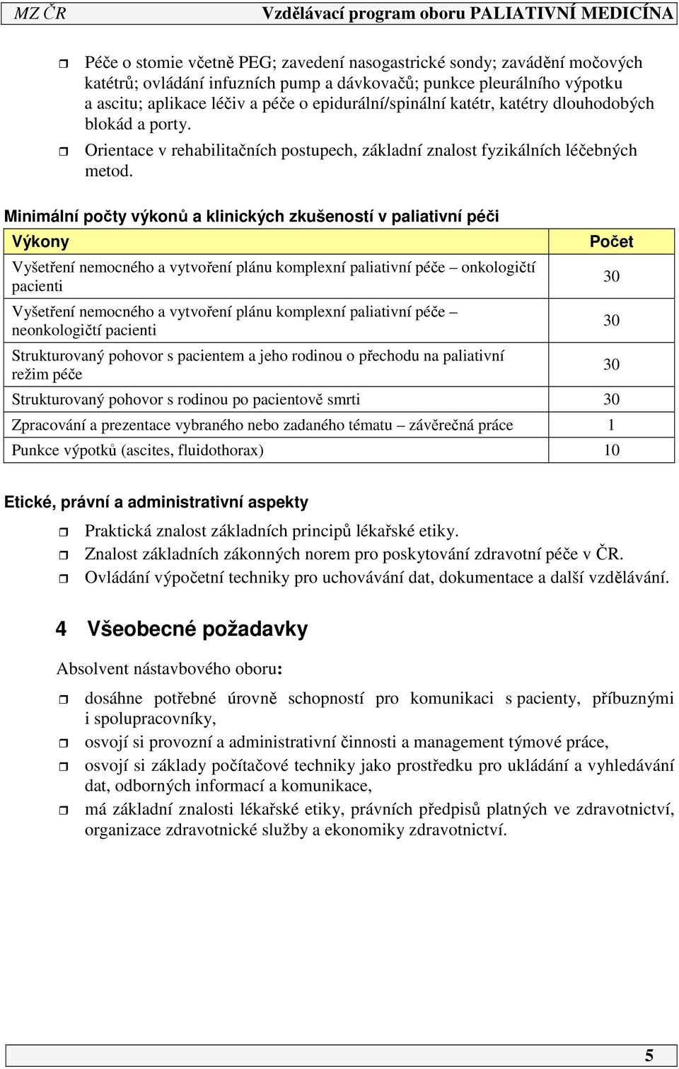 počty výkonů a klinických zkušeností v paliativní péči Výkony Vyšetření nemocného a vytvoření plánu komplexní paliativní péče onkologičtí pacienti Vyšetření nemocného a vytvoření plánu komplexní