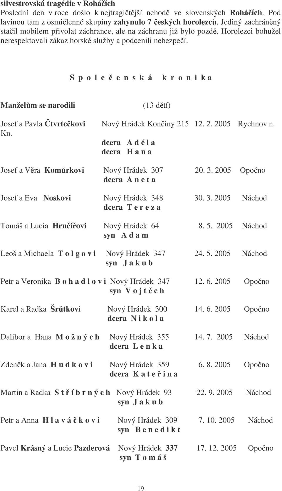 S p o l e e n s k á k r o n i k a Manželm se narodili (13 dtí) Josef a Pavla tvrtekovi Nový Hrádek Koniny 215 12. 2. 2005 Rychnov n. Kn.