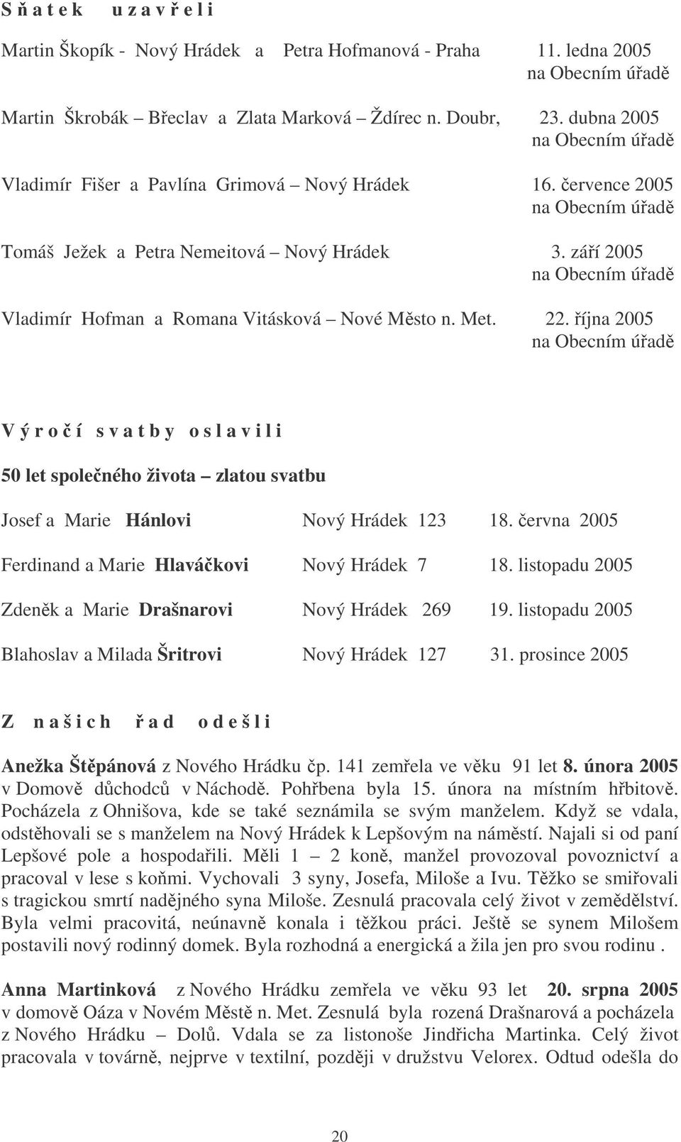 záí 2005 na Obecním úad Vladimír Hofman a Romana Vitásková Nové Msto n. Met. 22.