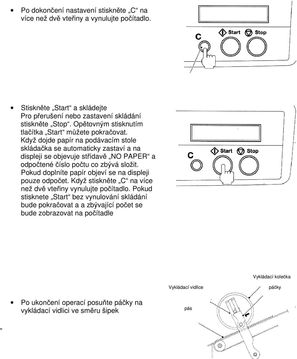 Když dojde papír na podávacím stole skládačka se automaticky zastaví a na displeji se objevuje střídavě NO PAPER a odpočtené číslo počtu co zbývá složit.