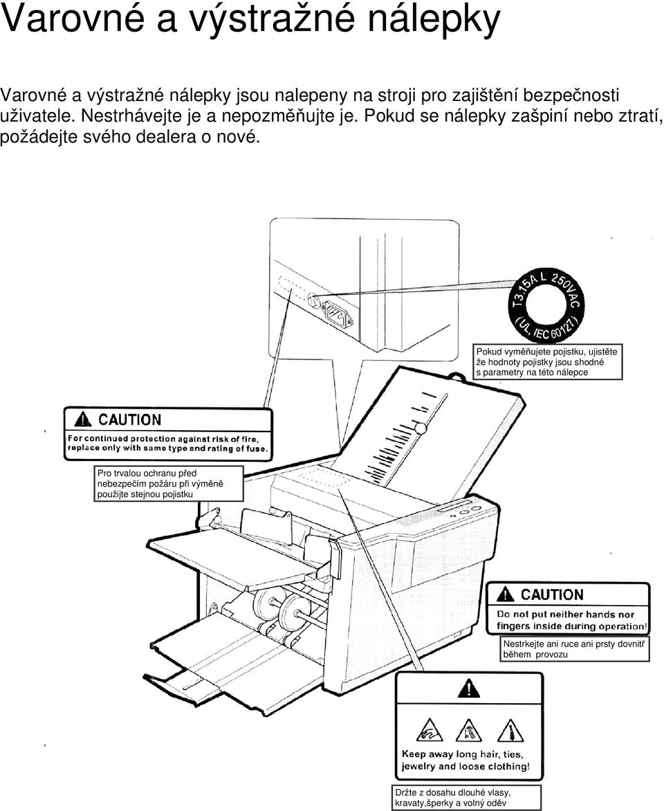 Pokud vyměňujete pojistku, ujistěte že hodnoty pojistky jsou shodné s parametry na této nálepce Pro trvalou ochranu před