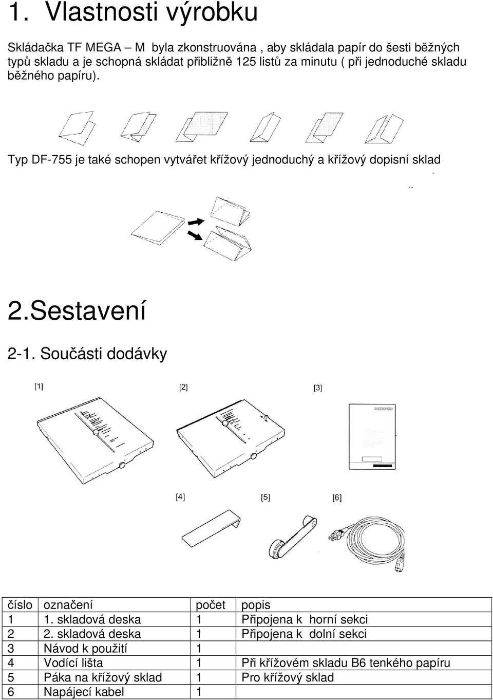Sestavení 2-1. Součásti dodávky číslo označení počet popis 1 1. skladová deska 1 Připojena k horní sekci 2 2.