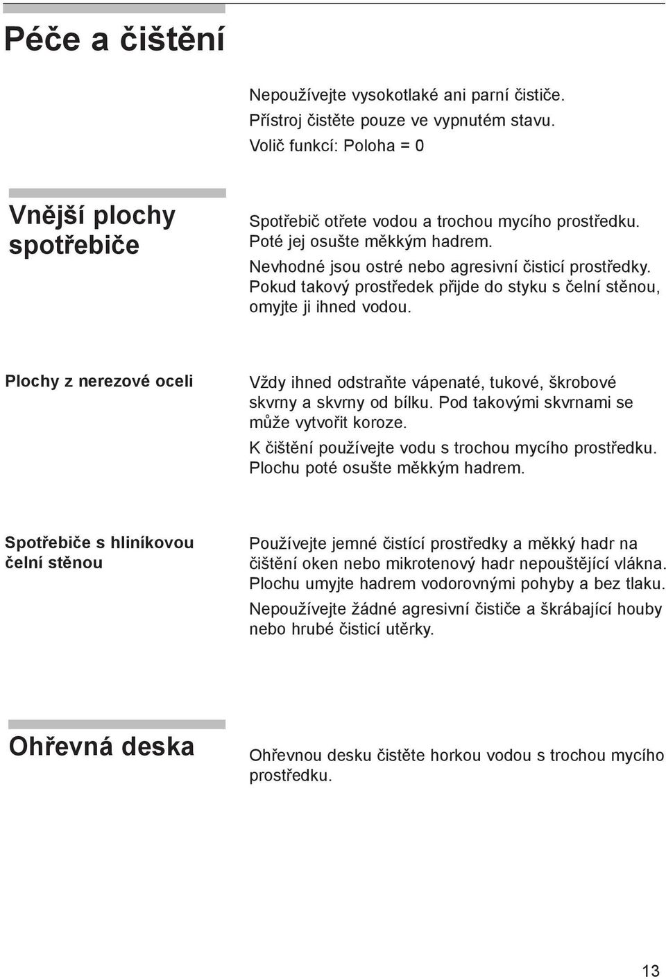 Pokud takový prostředek přijde do styku s čelní stěnou, omyjte ji ihned vodou. Plochy z nerezové oceli Vždy ihned odstraňte vápenaté, tukové, škrobové skvrny a skvrny od bílku.