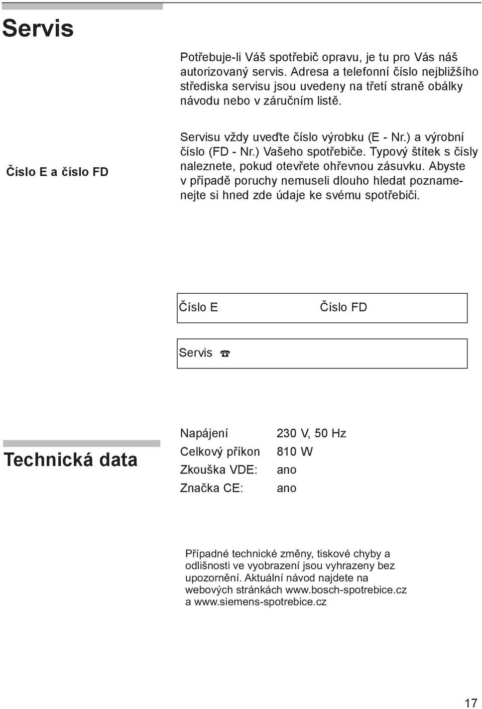 Číslo E a číslo FD Servisu vždy uveďte číslo výrobku (E - Nr.) a výrobní číslo (FD - Nr.) Vašeho spotřebiče.