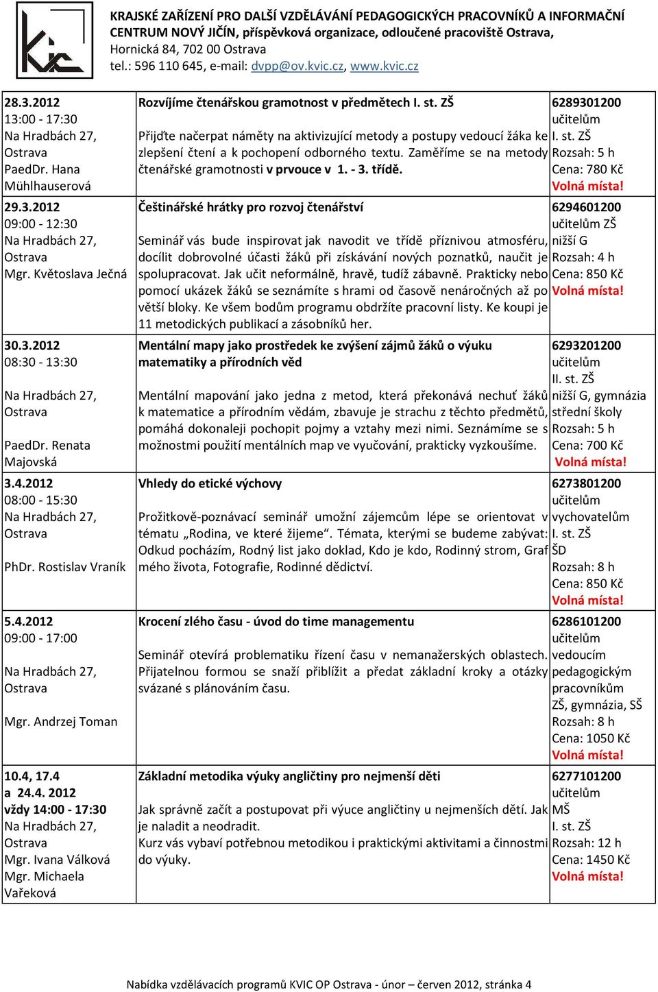 4, 17.4 a 24.4. 2012 vždy 14:00-17:30 Mgr. Ivana Válková Mgr.