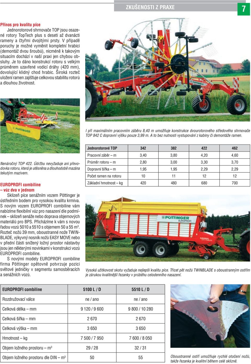 Je to dáno konstrukcí rotoru s velkým průměrem uzavřené vodicí dráhy (420 mm), dovolující klidný chod hrabic. Široká rozteč uložení ramen zajišťuje celkovou stabilitu rotorů a dlouhou životnost.