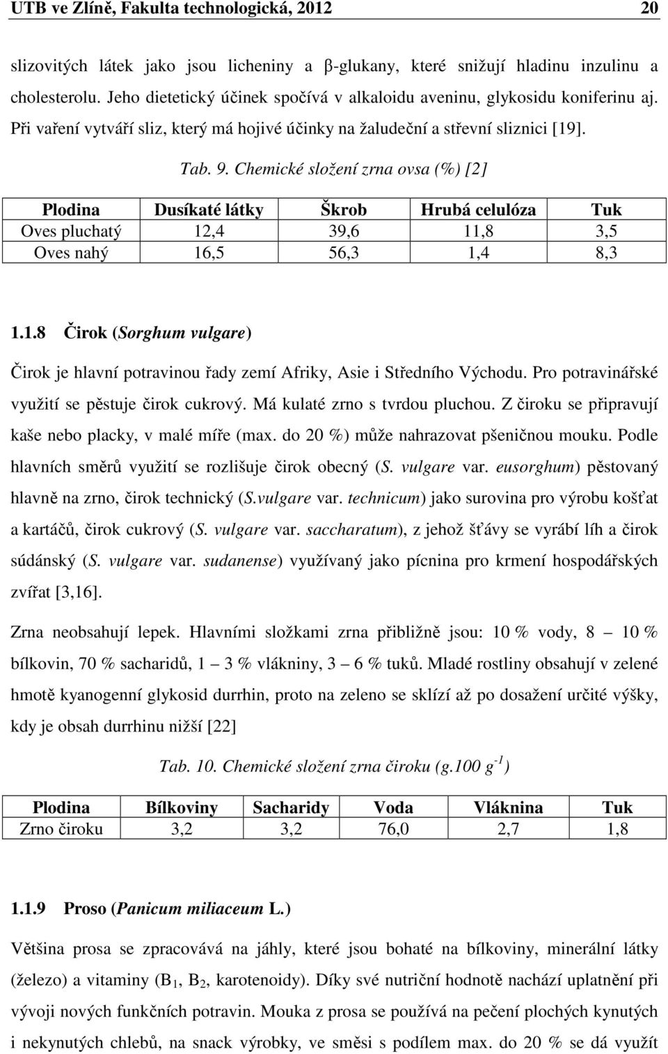 Chemické složení zrna ovsa (%) [2] Plodina Dusíkaté látky Škrob Hrubá celulóza Tuk Oves pluchatý 12,4 39,6 11,8 3,5 Oves nahý 16,5 56,3 1,4 8,3 1.1.8 Čirok (Sorghum vulgare) Čirok je hlavní potravinou řady zemí Afriky, Asie i Středního Východu.