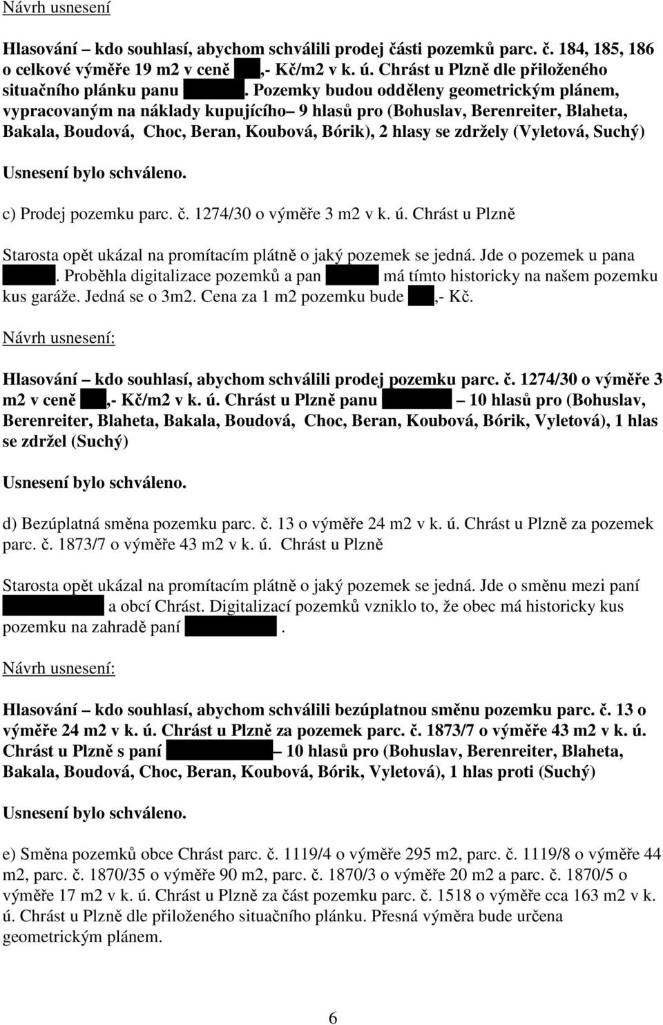 Pozemky budou odděleny geometrickým plánem, vypracovaným na náklady kupujícího 9 hlasů pro (Bohuslav, Berenreiter, Blaheta, Bakala, Boudová, Choc, Beran, Koubová, Bórik), 2 hlasy se zdržely