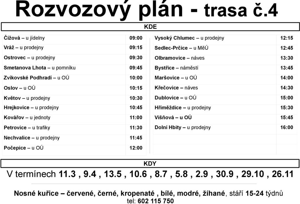 u prodejny 10:30 Hrejkovice u prodejny 10:45 Kovářov u jednoty 11:00 Petrovice u trafiky 11:30 Vysoký Chlumec u prodejny 12:15 Sedlec-Prčice u MěÚ 12:45