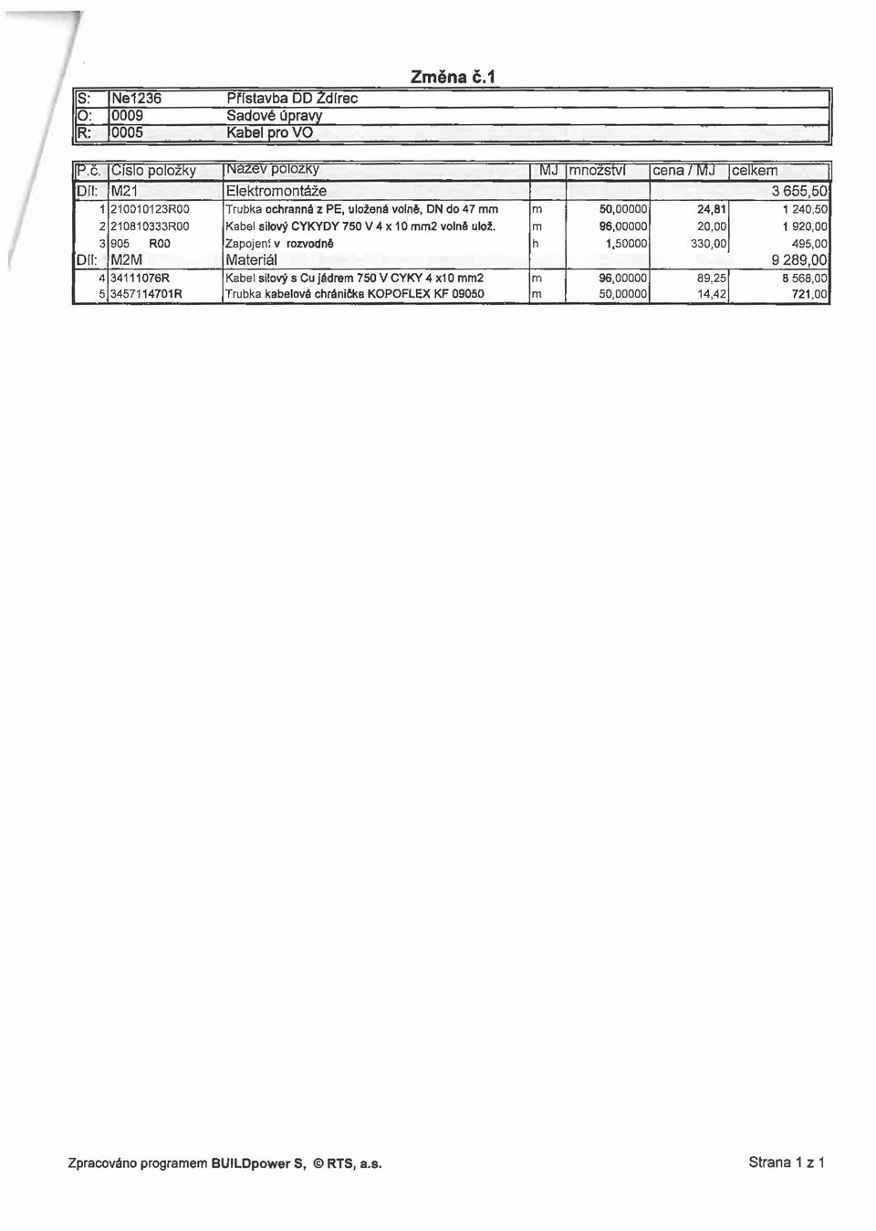 Gislo položky i\azev poiozky MJ množství cena / MJ celkem Díl: M21 Elektromontáže 3 655,50 1 210O10123RQ0 Trubka ochranná z PE, uložená volně, DN do 47 mm m 50,00000