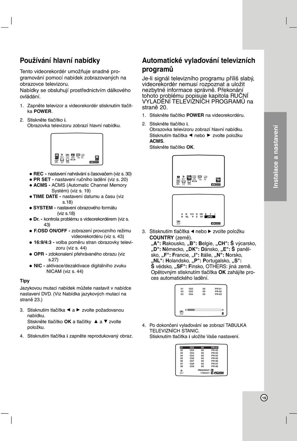 REC fosd ON OFF Pr-12 ACMS 16:9 4:3 OPR 1 2 TIME DATE NIC REC - nastavení nahrávání s časovačem (viz s. 30) PR SET - nastavení ručního ladění (viz s.