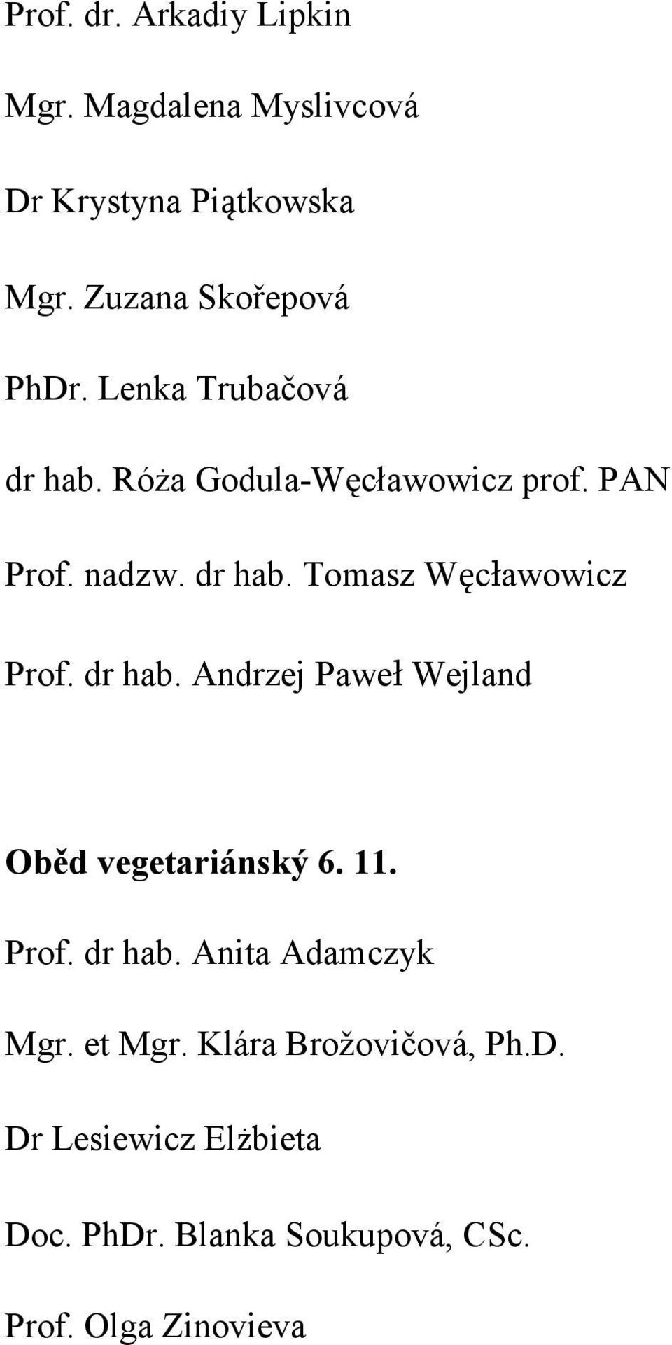 dr hab. Andrzej Paweł Wejland Oběd vegetariánský 6. 11. Prof. dr hab. Anita Adamczyk Mgr. et Mgr.